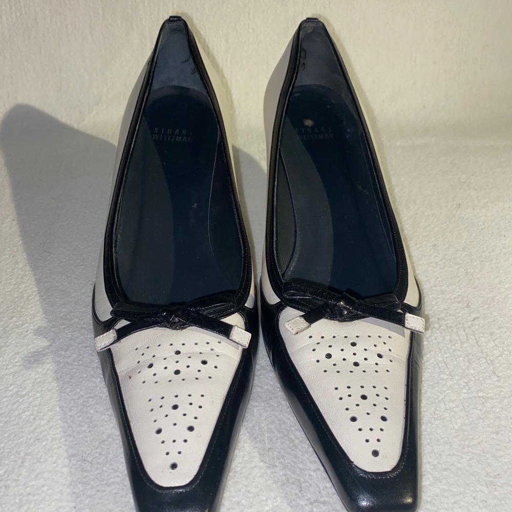 Stuart Weitzman black and white kitten heel pumps